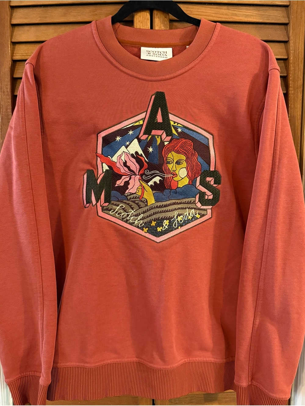Scotch & Soda Coral Pullover Sweatshirt with Multicolor Embroidered Patch